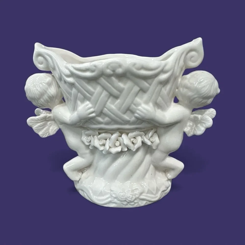Vintage White Cherub Vase |Angel Figurine Planter | Romantic Mid-Century Ceramic